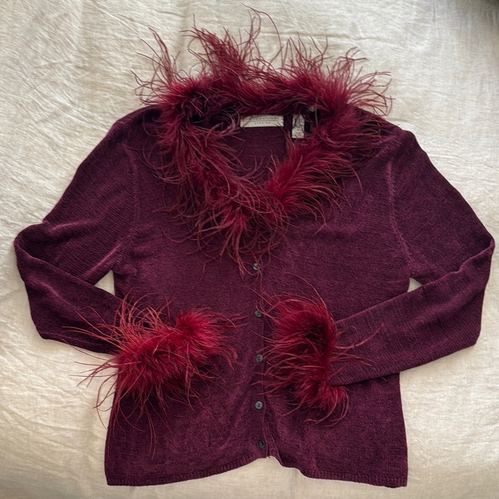 Magenta Burgundy ostrich Feather-Trimmed Sweater